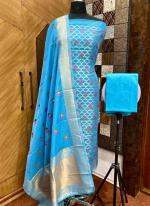 Pure Chanderi Sky Blue Casual Wear Weaving Dress Material